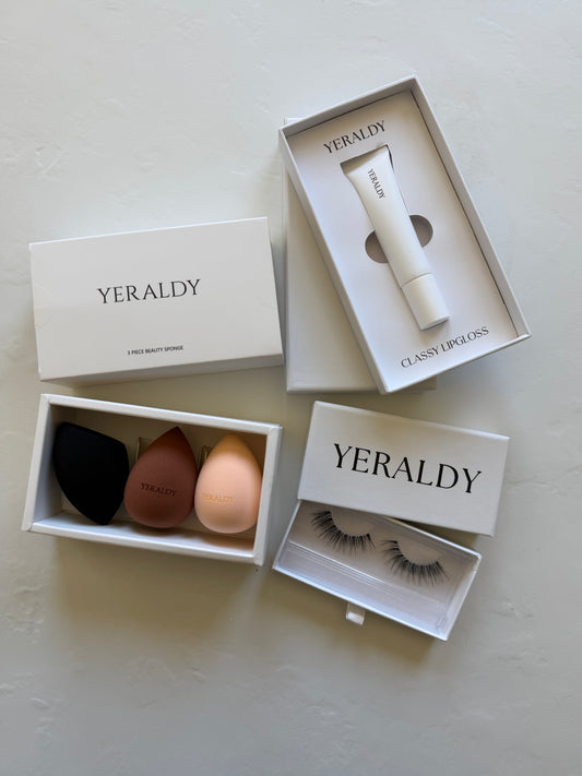 Yeraldy Exclusive Beauty Bundle : Eyelashes / 3-Piece Sponge Set /  Lip Gloss